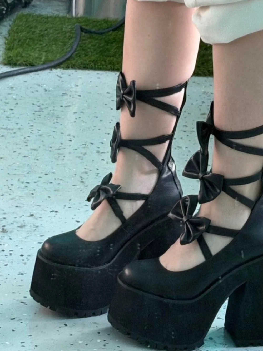 Dolls Kill Widow Black Bow-Strap Platform Heels - Women Shoes